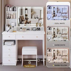 41-Inch Natural Makeup Vanity Desk with Touch-Control LED Mirror, Organized Storage, Matching Stool for Bedroom