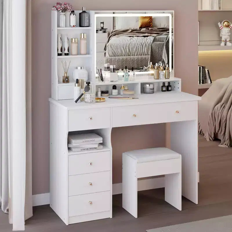 41-Inch Natural Makeup Vanity Desk with Touch-Control LED Mirror, Organized Storage, Matching Stool for Bedroom