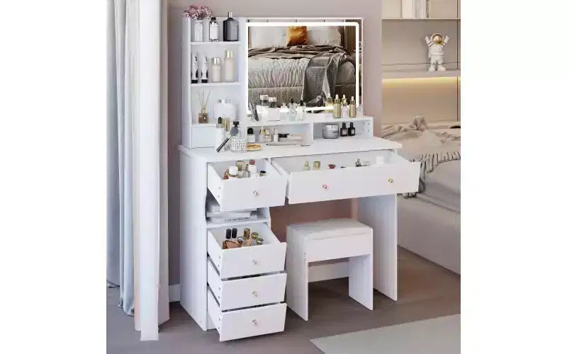 41-Inch Natural Makeup Vanity Desk with Touch-Control LED Mirror, Organized Storage, Matching Stool for Bedroom