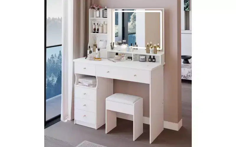 41-Inch Natural Makeup Vanity Desk with Touch-Control LED Mirror, Organized Storage, Matching Stool for Bedroom