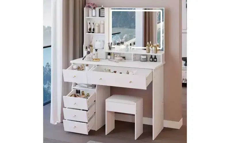 41-Inch Natural Makeup Vanity Desk with Touch-Control LED Mirror, Organized Storage, Matching Stool for Bedroom