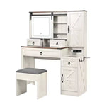 Farmhouse Makeup Vanity Desk with Sliding LED Mirror, 4 Drawers and 2 Cabinets, Charging Station, Glass Top, and Side Cabinet for Bedroom