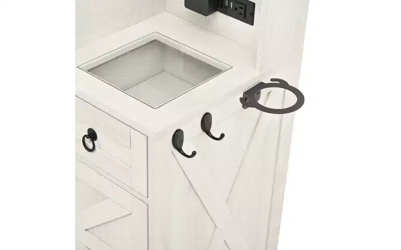 Farmhouse Makeup Vanity Desk with Sliding LED Mirror, 4 Drawers and 2 Cabinets, Charging Station, Glass Top, and Side Cabinet for Bedroom