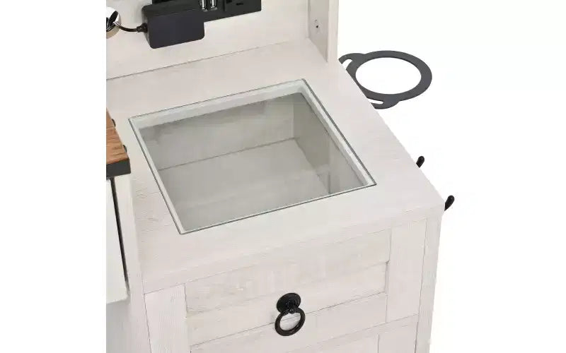 Farmhouse Makeup Vanity Desk with Sliding LED Mirror, 4 Drawers and 2 Cabinets, Charging Station, Glass Top, and Side Cabinet for Bedroom