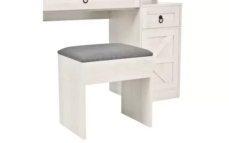 Farmhouse Makeup Vanity Desk with Sliding LED Mirror, 4 Drawers and 2 Cabinets, Charging Station, Glass Top, and Side Cabinet for Bedroom
