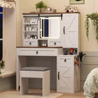 Farmhouse Makeup Vanity Desk with Sliding LED Mirror, 4 Drawers and 2 Cabinets, Charging Station, Glass Top, and Side Cabinet for Bedroom