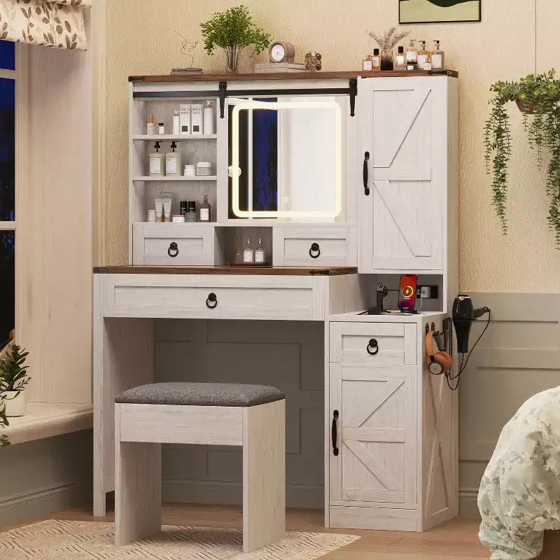 Farmhouse Makeup Vanity Desk with Sliding LED Mirror, 4 Drawers and 2 Cabinets, Charging Station, Glass Top, and Side Cabinet for Bedroom