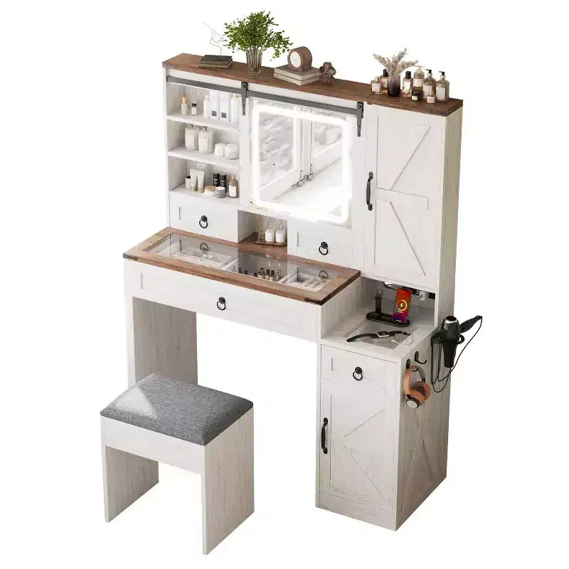 Farmhouse Makeup Vanity Desk with Sliding LED Mirror, 4 Drawers and 2 Cabinets, Charging Station, Glass Top, and Side Cabinet for Bedroom