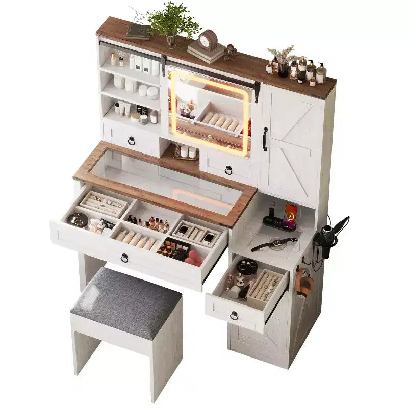 Farmhouse Makeup Vanity Desk with Sliding LED Mirror, 4 Drawers and 2 Cabinets, Charging Station, Glass Top, and Side Cabinet for Bedroom