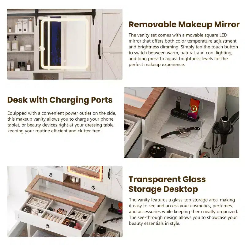 Farmhouse Makeup Vanity Desk with Sliding LED Mirror, 4 Drawers and 2 Cabinets, Charging Station, Glass Top, and Side Cabinet for Bedroom