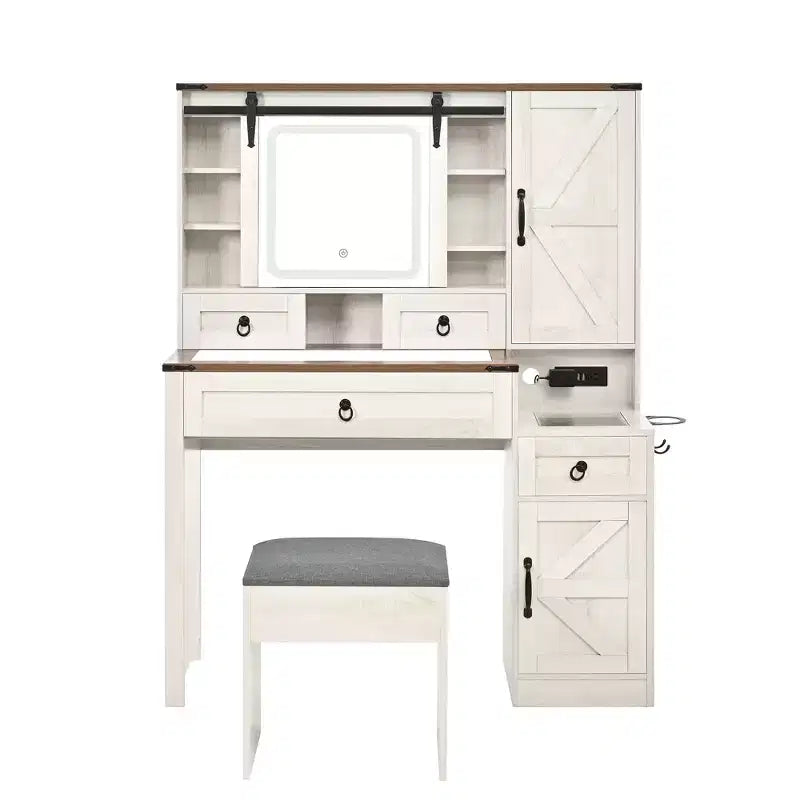 Farmhouse Makeup Vanity Desk with Sliding LED Mirror, 4 Drawers and 2 Cabinets, Charging Station, Glass Top, and Side Cabinet for Bedroom