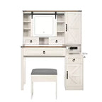 Farmhouse Makeup Vanity Desk with Sliding LED Mirror, 4 Drawers and 2 Cabinets, Charging Station, Glass Top, and Side Cabinet for Bedroom