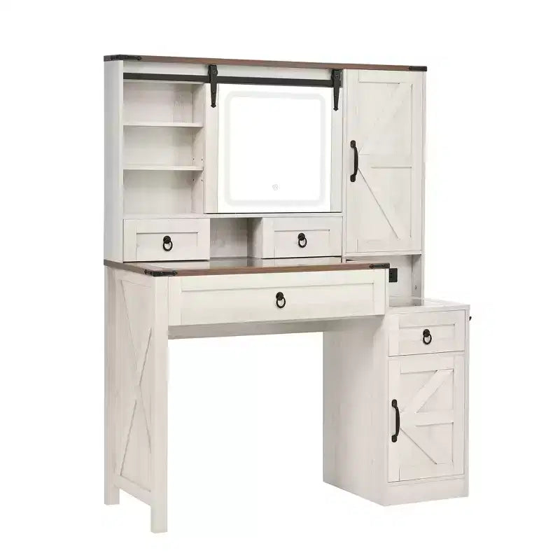 Farmhouse Makeup Vanity Desk with Sliding LED Mirror, 4 Drawers and 2 Cabinets, Charging Station, Glass Top, and Side Cabinet for Bedroom