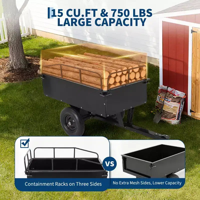 750lbs ATV/UTV Dump Trailer 15 Cubic Feet Capacity, Reinforced Side Panels,Heavy-Duty Off-Road Trailer with Dumping Function for Gardening and Farm