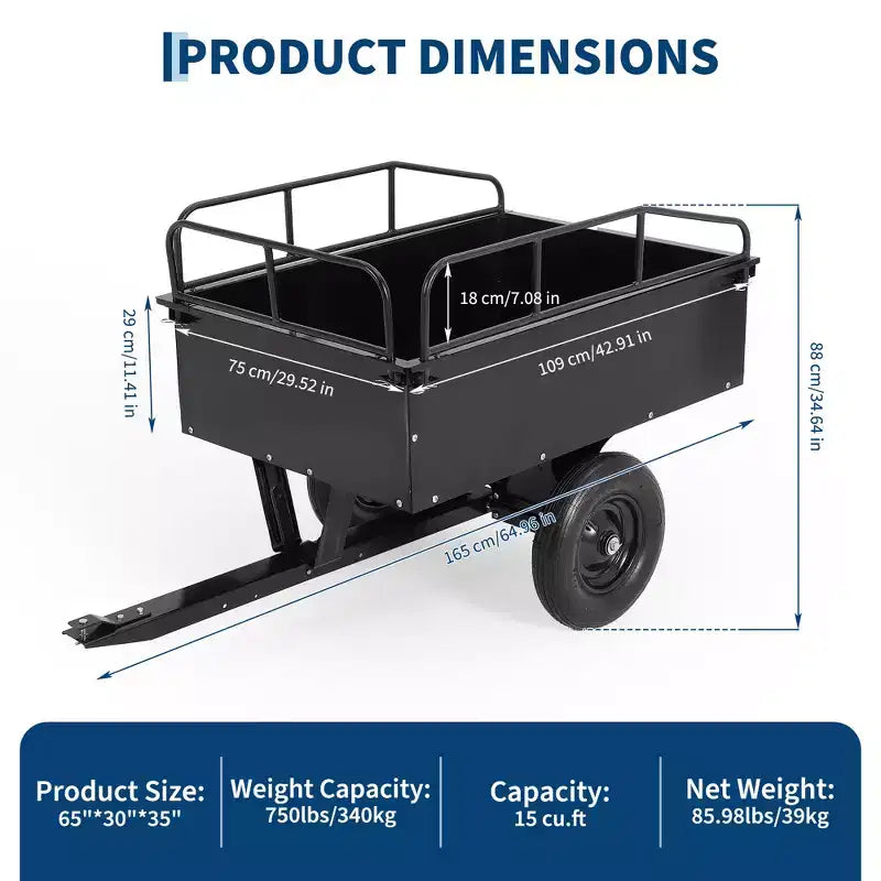 750lbs ATV/UTV Dump Trailer 15 Cubic Feet Capacity, Reinforced Side Panels,Heavy-Duty Off-Road Trailer with Dumping Function for Gardening and Farm