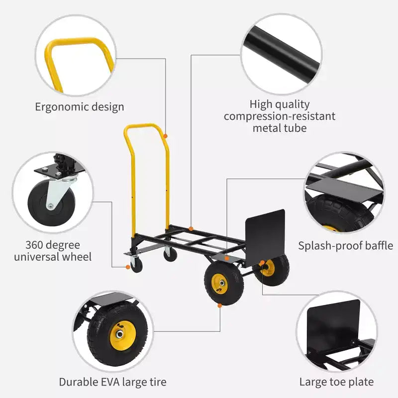 2-in-1 Folding Convertible Hand Truck, 4 Non-Flat Wheels, 400Lbs Heavy Duty, for Warehouse Office Industrial Use