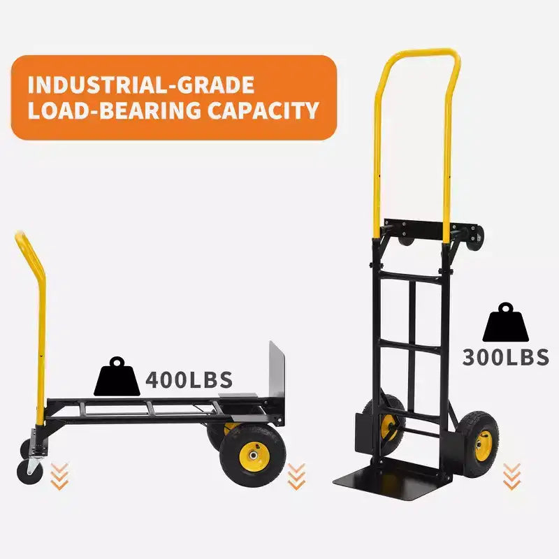 2-in-1 Folding Convertible Hand Truck, 4 Non-Flat Wheels, 400Lbs Heavy Duty, for Warehouse Office Industrial Use