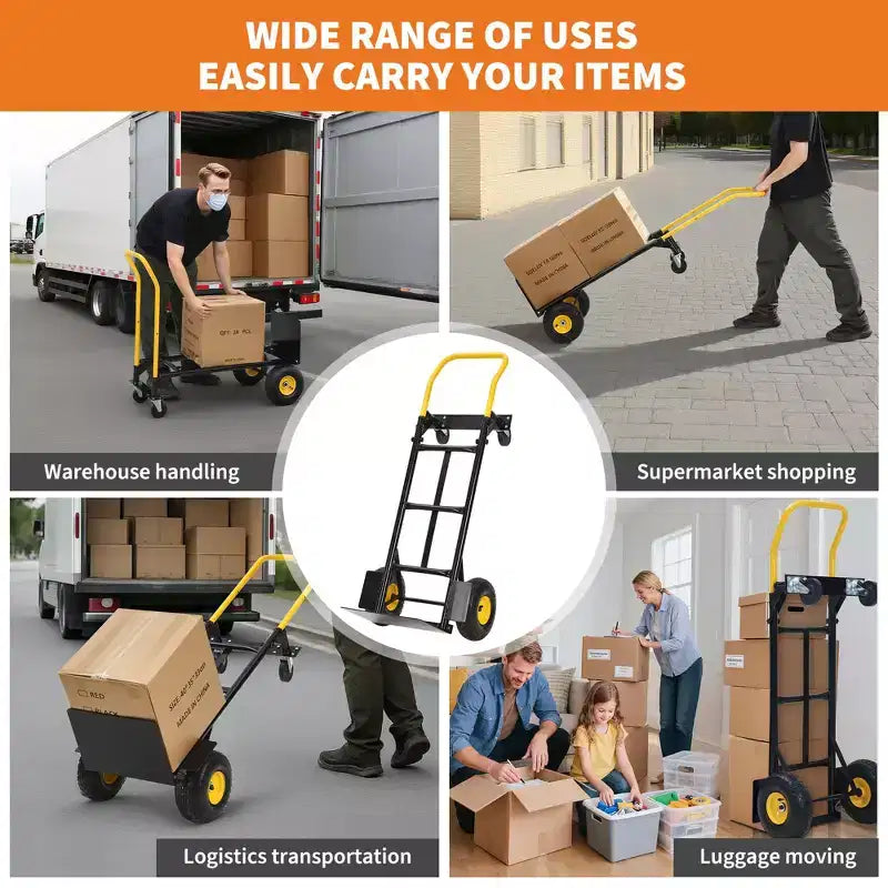 2-in-1 Folding Convertible Hand Truck, 4 Non-Flat Wheels, 400Lbs Heavy Duty, for Warehouse Office Industrial Use