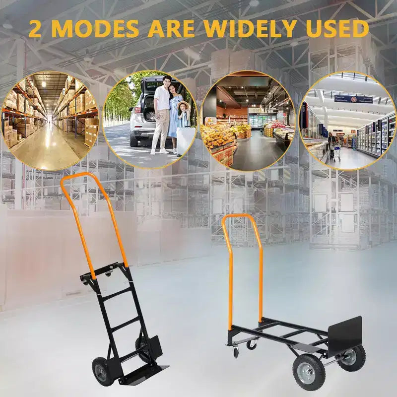 2-in-1 Folding Convertible Hand Truck, 4 Non-Flat Wheels, 400Lbs Heavy Duty, for Warehouse Office Industrial Use