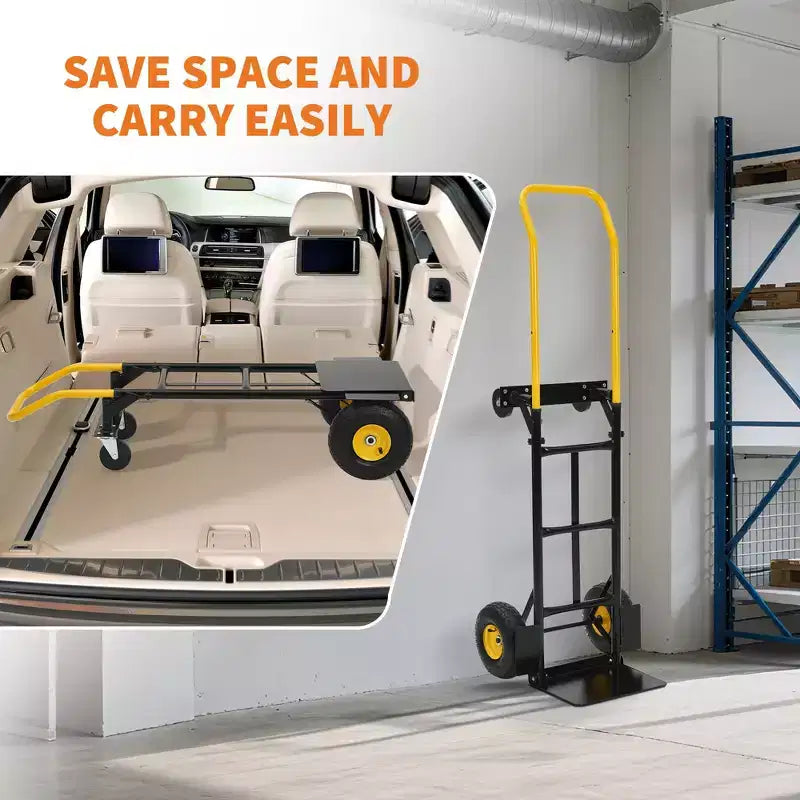 2-in-1 Folding Convertible Hand Truck, 4 Non-Flat Wheels, 400Lbs Heavy Duty, for Warehouse Office Industrial Use