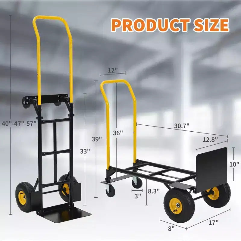 2-in-1 Folding Convertible Hand Truck, 4 Non-Flat Wheels, 400Lbs Heavy Duty, for Warehouse Office Industrial Use