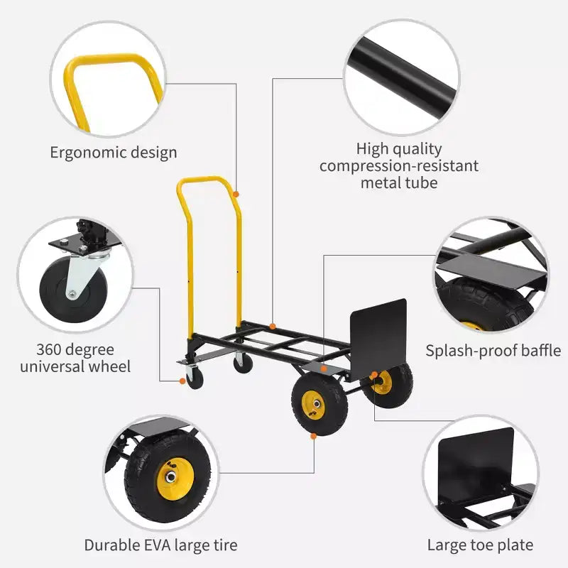 2-in-1 Folding Convertible Hand Truck, 4 Non-Flat Wheels, 400Lbs Heavy Duty, for Warehouse Office Industrial Use