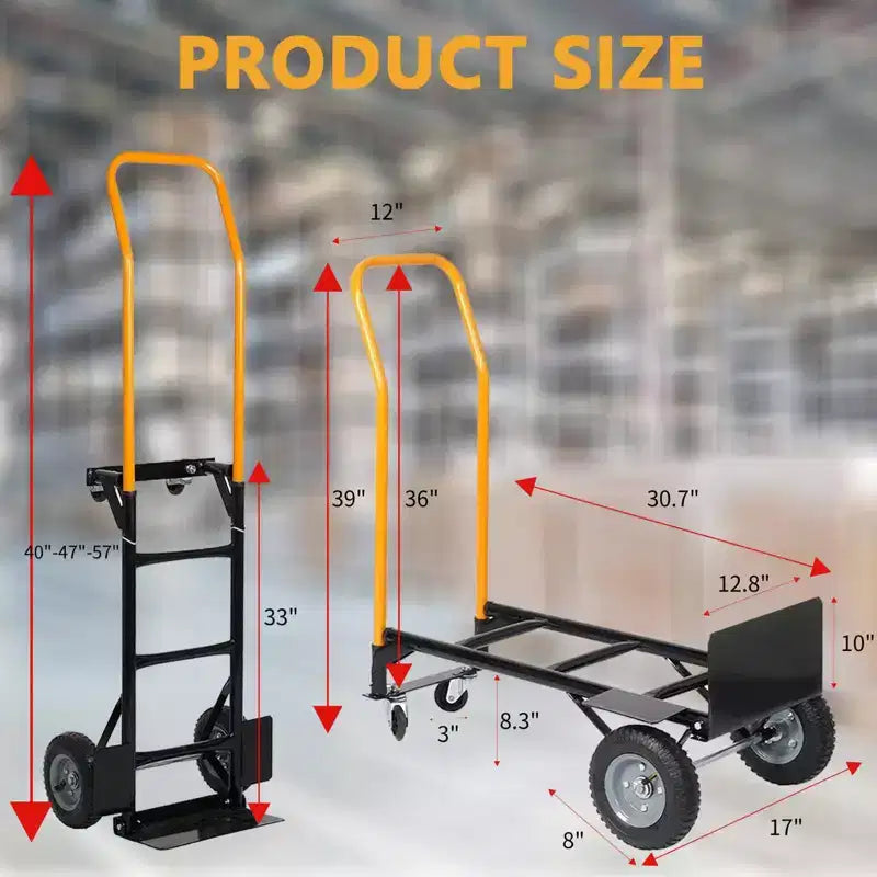 2-in-1 Folding Convertible Hand Truck, 4 Non-Flat Wheels, 400Lbs Heavy Duty, for Warehouse Office Industrial Use