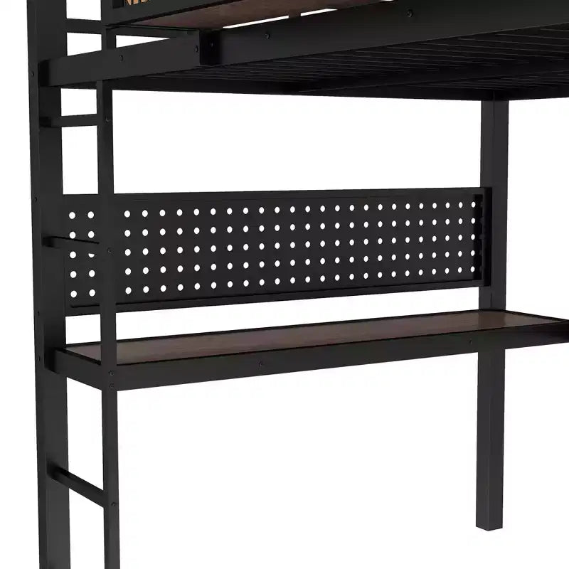Bellemave Metal Loft Bed with Desk & Pegboard, Built-in Clock & Charging Station, Storage Basket, Space-Saving Modern Frame, Twin XL & Full Sizes