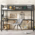 Bellemave Metal Loft Bed with Desk & Pegboard, Built-in Clock & Charging Station, Storage Basket, Space-Saving Modern Frame, Twin XL & Full Sizes