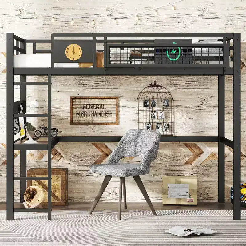 Bellemave Metal Loft Bed with Desk & Pegboard, Built-in Clock & Charging Station, Storage Basket, Space-Saving Modern Frame, Twin XL & Full Sizes