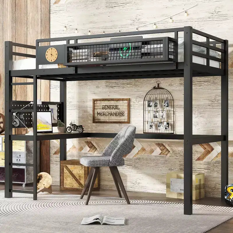 Bellemave Metal Loft Bed with Desk & Pegboard, Built-in Clock & Charging Station, Storage Basket, Space-Saving Modern Frame, Twin XL & Full Sizes