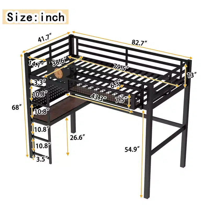 Bellemave Metal Loft Bed with Desk & Pegboard, Built-in Clock & Charging Station, Storage Basket, Space-Saving Modern Frame, Twin XL & Full Sizes