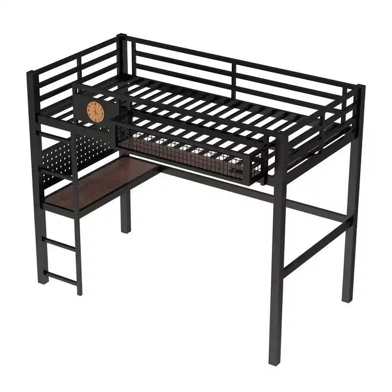 Bellemave Metal Loft Bed with Desk & Pegboard, Built-in Clock & Charging Station, Storage Basket, Space-Saving Modern Frame, Twin XL & Full Sizes