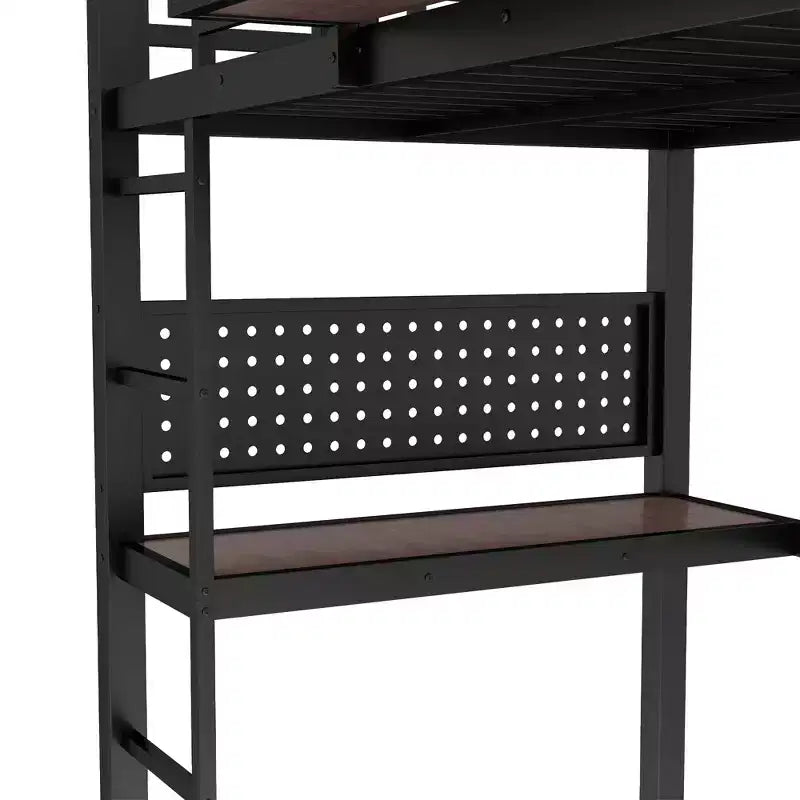 Bellemave Metal Loft Bed with Desk & Pegboard, Built-in Clock & Charging Station, Storage Basket, Space-Saving Modern Frame, Twin XL & Full Sizes