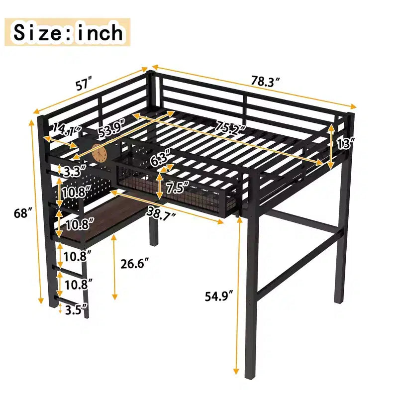 Bellemave Metal Loft Bed with Desk & Pegboard, Built-in Clock & Charging Station, Storage Basket, Space-Saving Modern Frame, Twin XL & Full Sizes