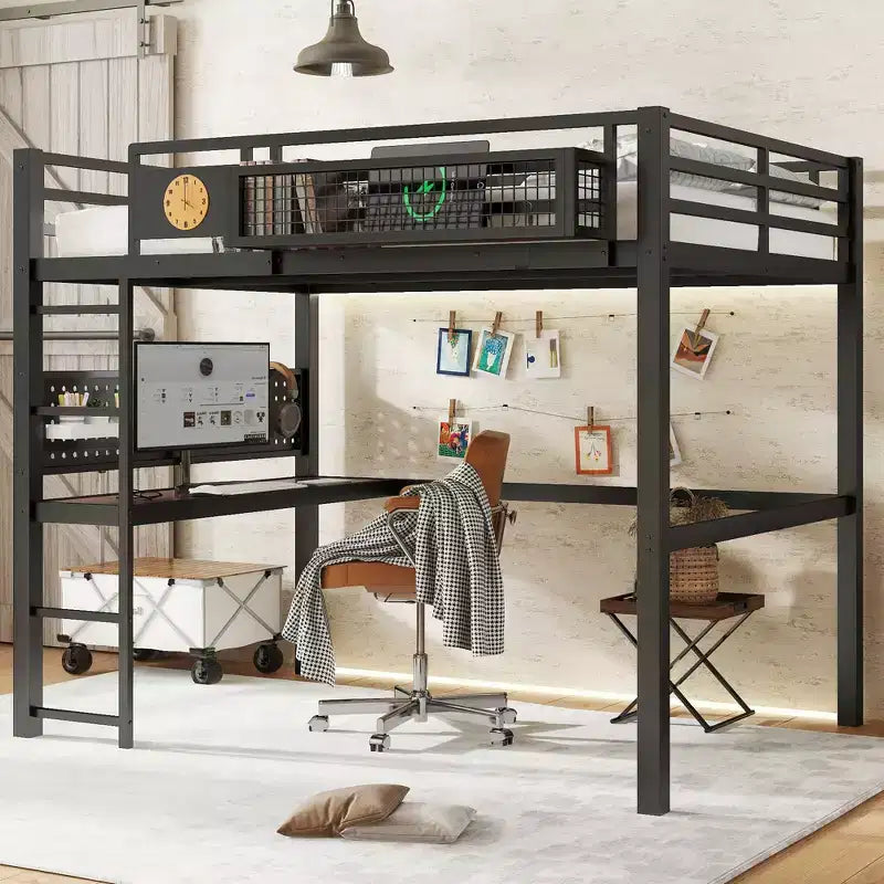 Bellemave Metal Loft Bed with Desk & Pegboard, Built-in Clock & Charging Station, Storage Basket, Space-Saving Modern Frame, Twin XL & Full Sizes