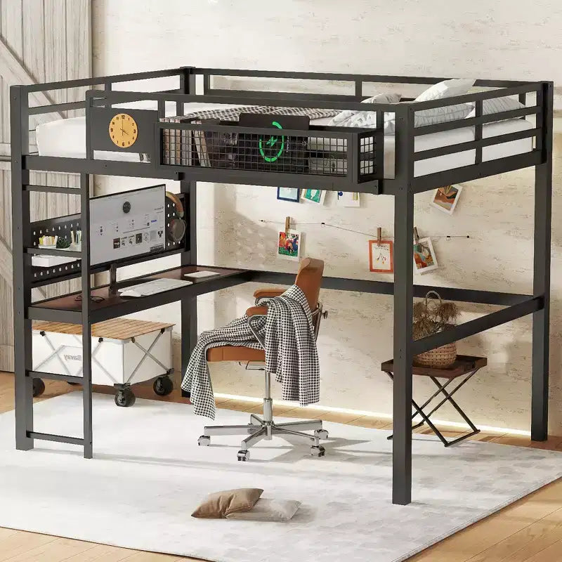 Bellemave Metal Loft Bed with Desk & Pegboard, Built-in Clock & Charging Station, Storage Basket, Space-Saving Modern Frame, Twin XL & Full Sizes