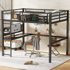 Bellemave Metal Loft Bed with Desk & Pegboard, Built-in Clock & Charging Station, Storage Basket, Space-Saving Modern Frame, Twin XL & Full Sizes