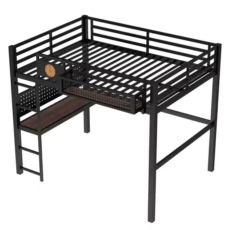Bellemave Metal Loft Bed with Desk & Pegboard, Built-in Clock & Charging Station, Storage Basket, Space-Saving Modern Frame, Twin XL & Full Sizes