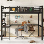 Bellemave Metal Loft Bed with Desk & Pegboard, Built-in Clock & Charging Station, Storage Basket, Space-Saving Modern Frame, Twin XL & Full Sizes