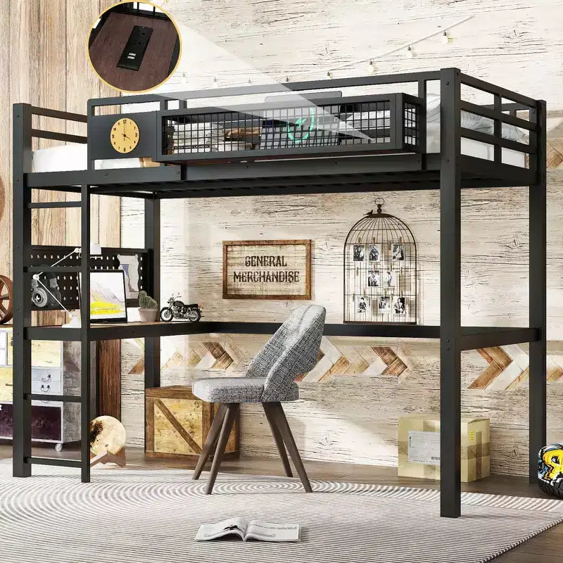 Bellemave Metal Loft Bed with Desk & Pegboard, Built-in Clock & Charging Station, Storage Basket, Space-Saving Modern Frame, Twin XL & Full Sizes