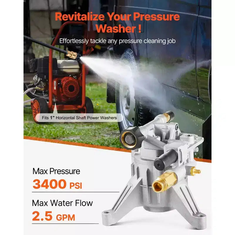 VEVOR Pressure Washer Pump, 7/8 Shaft Vertical, 2400 PSI, 2.5 GPM, Replacement Power Washer Pumps Kit with Hardware and Siphon Tube, Silver