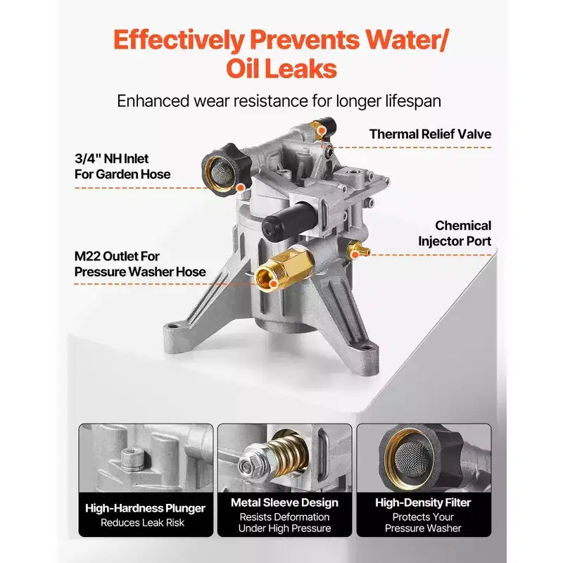 VEVOR Pressure Washer Pump, 7/8 Shaft Vertical, 2400 PSI, 2.5 GPM, Replacement Power Washer Pumps Kit with Hardware and Siphon Tube, Silver