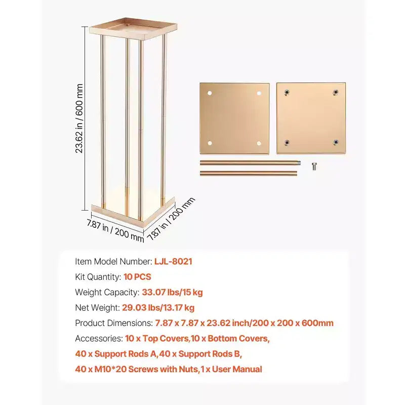VEVOR Wedding Flower Stand, 10PCS 23.62-inch Column Flower Stand, Floral Stands with Metal Laminate, Cylindrical Cubic Floral Display Rack, Gold