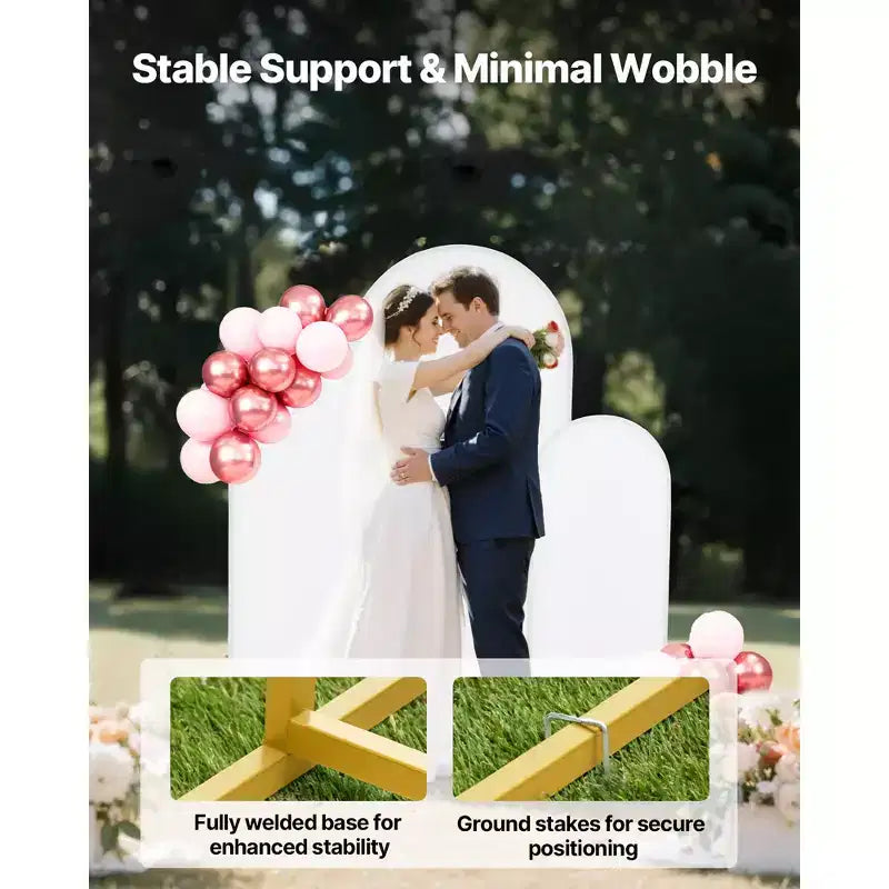 VEVOR Arch Backdrop Stand, Set of 3, 6/5/4 ft, Stable Structure, Easy Assembly, Gold Metal Arch Backdrop Stand with Cover, for Wedding, White & Gold