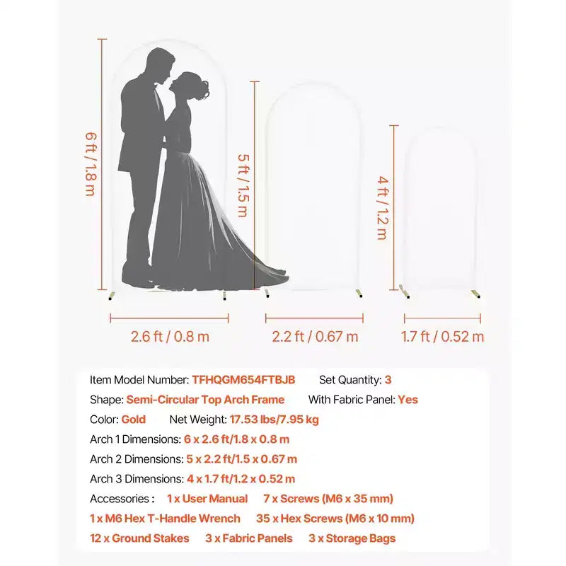VEVOR Arch Backdrop Stand, Set of 3, 6/5/4 ft, Stable Structure, Easy Assembly, Gold Metal Arch Backdrop Stand with Cover, for Wedding, White & Gold