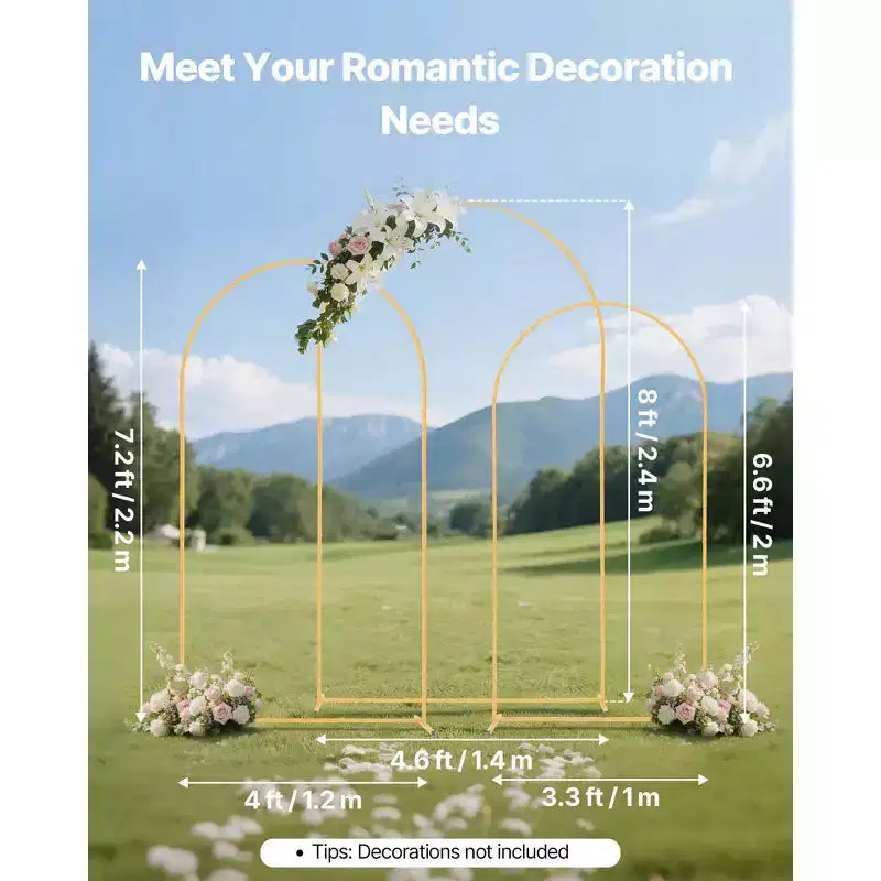 VEVOR Arch Backdrop Stand, Set of 3, 8/7.2/6.6 ft, Stable Structure, Easy Assembly, Gold Metal Arch Backdrop Stand for Wedding, Birthday Party, Gold