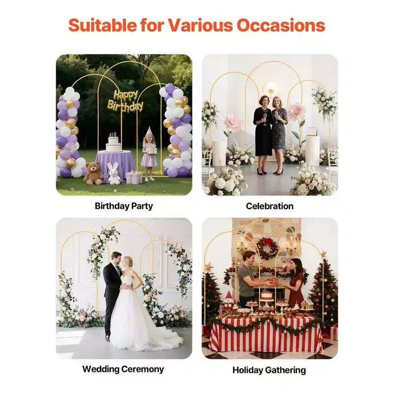 VEVOR Arch Backdrop Stand, Set of 3, 8/7.2/6.6 ft, Stable Structure, Easy Assembly, Gold Metal Arch Backdrop Stand for Wedding, Birthday Party, Gold