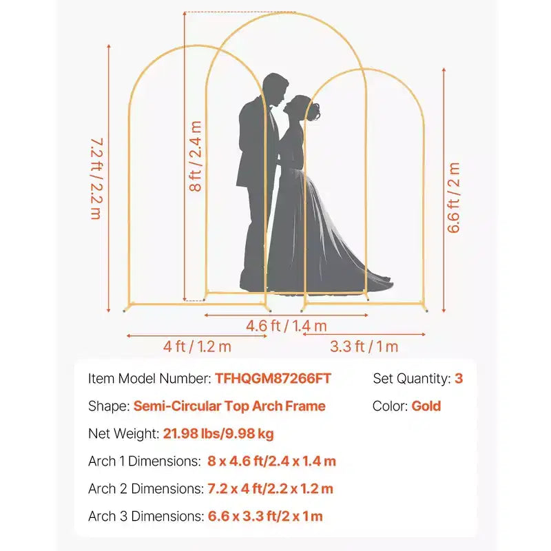 VEVOR Arch Backdrop Stand, Set of 3, 8/7.2/6.6 ft, Stable Structure, Easy Assembly, Gold Metal Arch Backdrop Stand for Wedding, Birthday Party, Gold