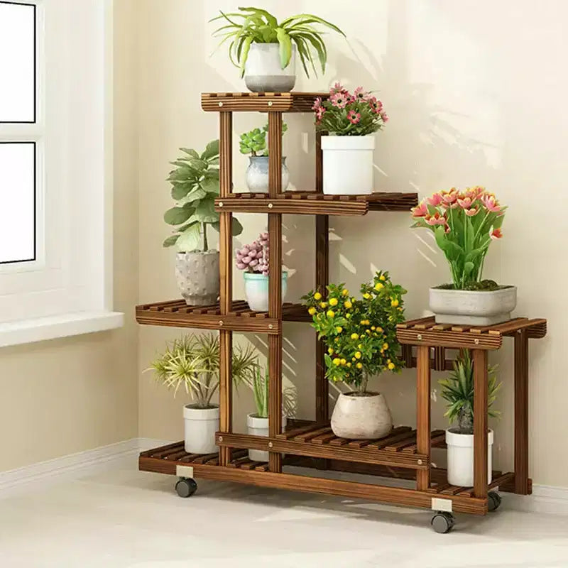 Home Collection Tall Rolling Wooden Plant Stand with Wheels